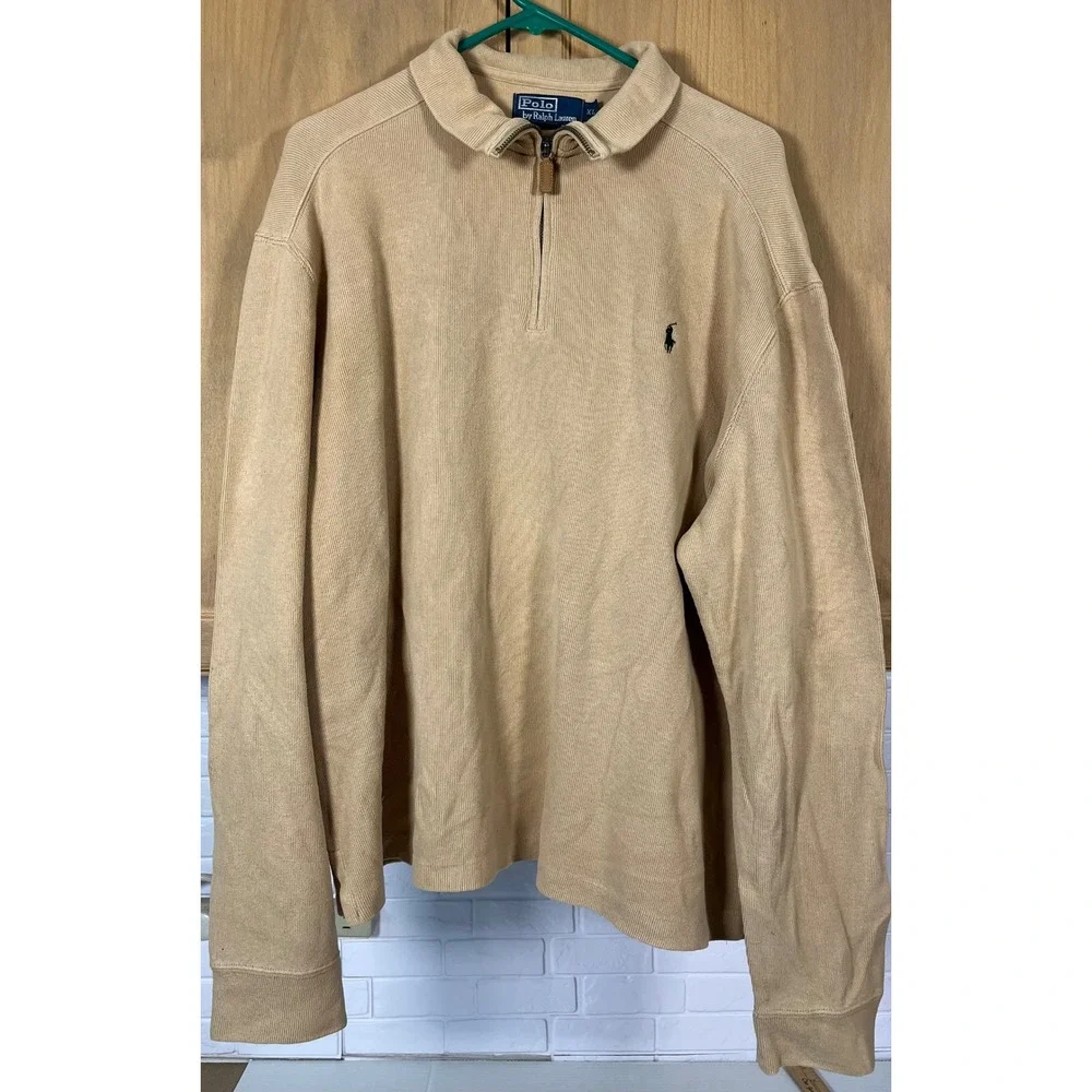 Polo Ralph Lauren Quarter Zip Pullover Mens XL Tan Beige Ribbed Cotton Sweater
